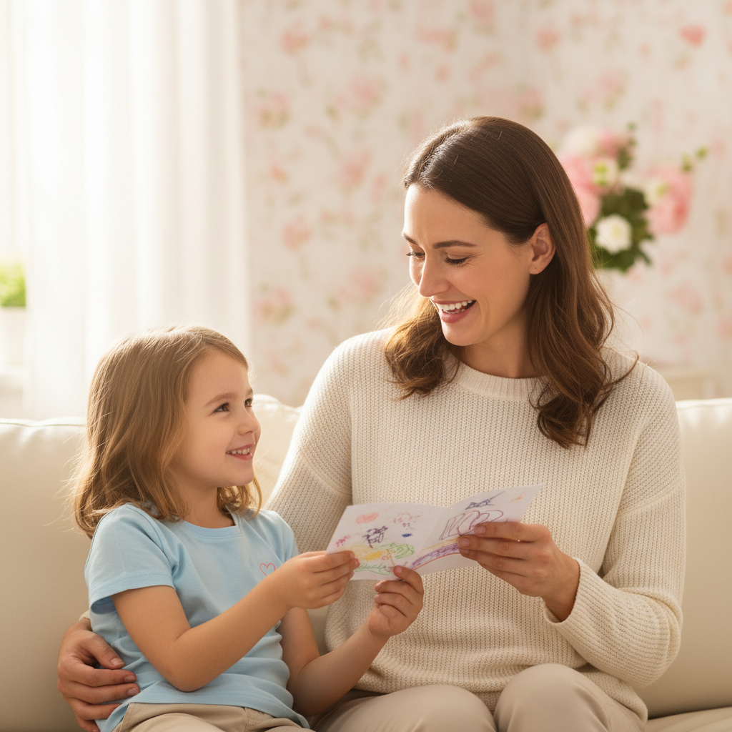 Happy Mother's Day quotes guide illustration of mom receiving heartfelt card from child