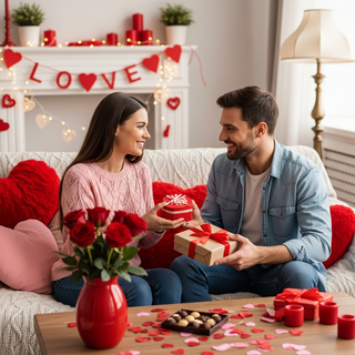 Happy couple celebrating Valentine's Day with gifts and romantic decor