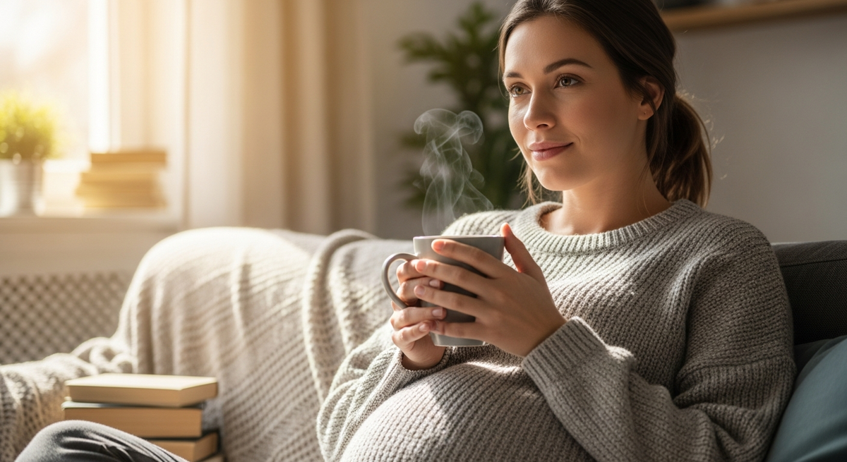 Pregnant woman considering safe caffeine intake during pregnancy with warm beverage