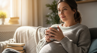 Pregnant woman considering safe caffeine intake during pregnancy with warm beverage