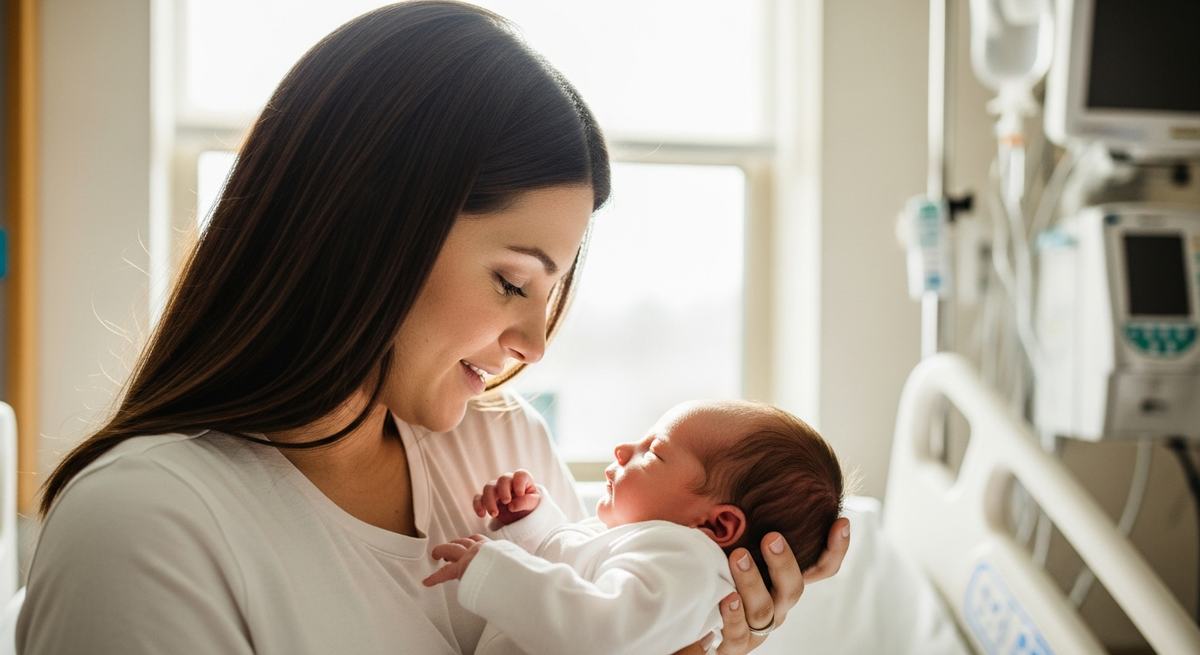 Newborn baby in coming home outfit ready to leave hospital