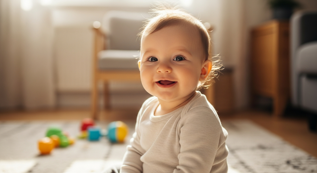7 month old baby development guide showing happy baby sitting independently