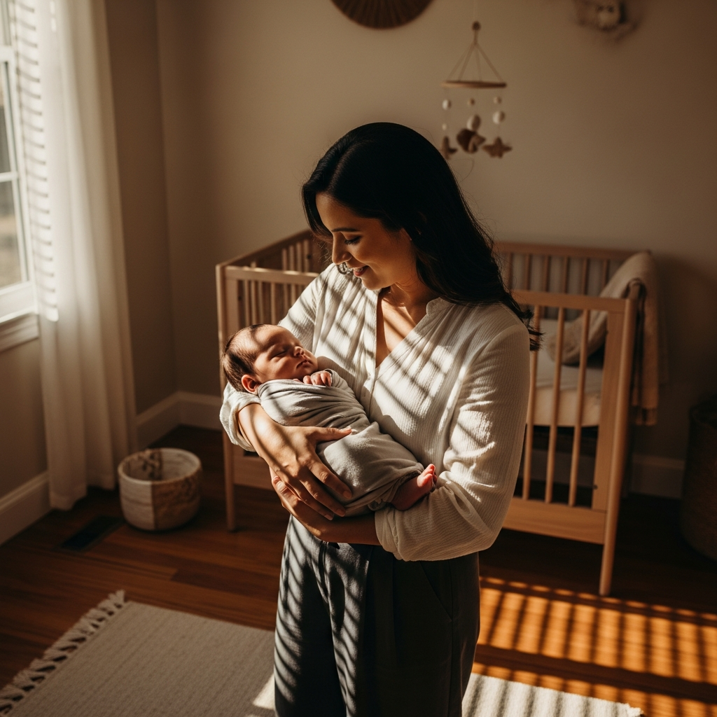 Soulful baby names guide featuring peaceful mother holding newborn in serene nursery