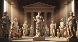 Mythology baby names guide with ancient Greek statues and golden lighting