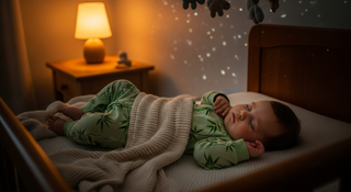 Peaceful sleeping baby in soft bamboo pajamas in dimly lit nursery for gentle nighttime diaper change