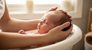 Parent safely bathing newborn with gentle supportive hold