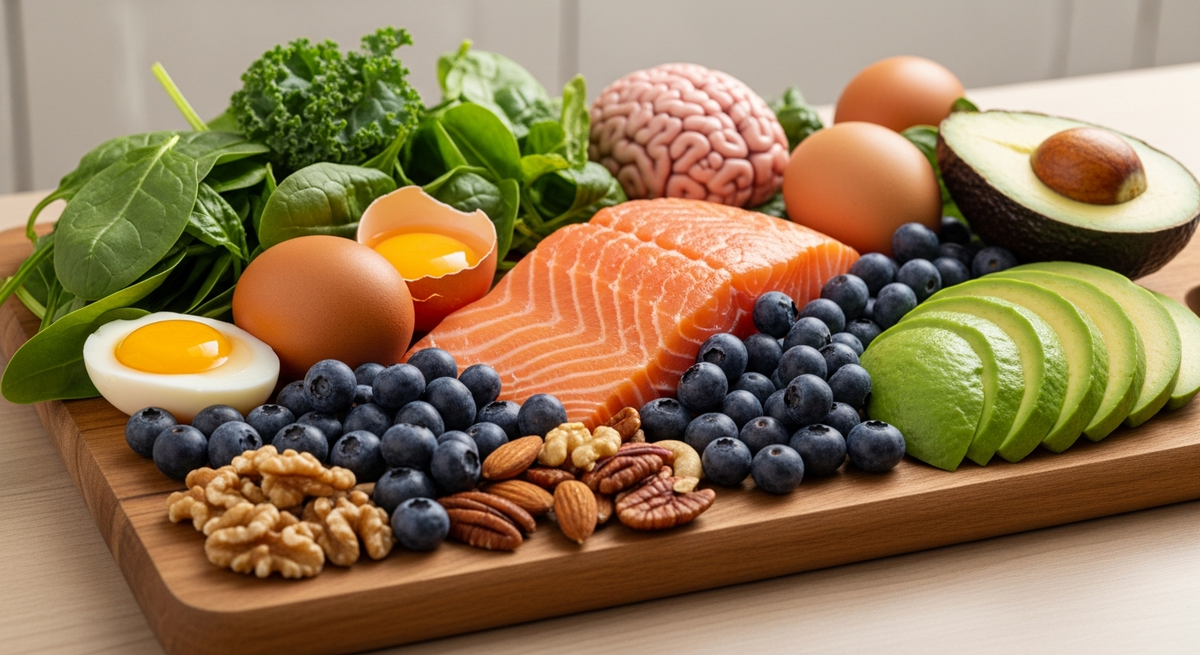 Brain-building superfoods for pregnancy including salmon, eggs, leafy greens, and nuts