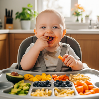 Happy 11 month old baby self-feeding finger foods at high chair