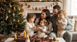 Eco-friendly Christmas guide with family in organic pajamas and sustainable decorations