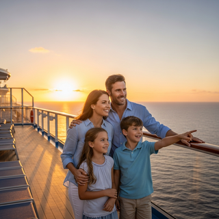 Family-friendly vacations guide with parents and children on cruise ship deck