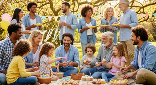 Diverse families celebrating Easter together outdoors with spring decorations