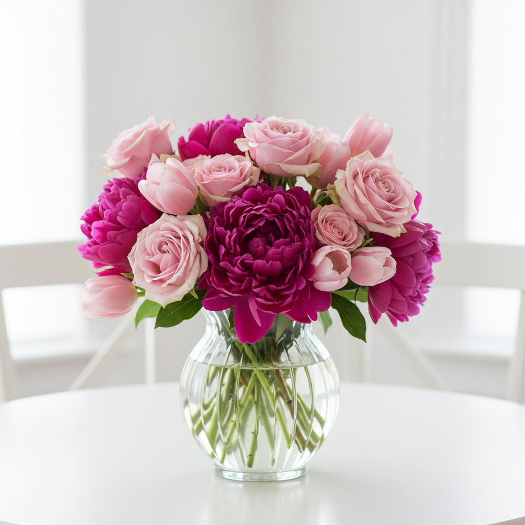 Best flowers for Mothers Day bouquet with pink roses peonies and tulips in a glass vase