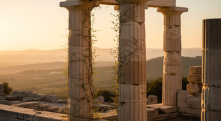 Ancient civilizations baby names guide featuring classical columns