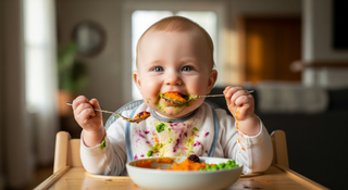 Baby eating colorful puree with food stains on clothes and bib
