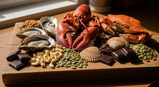 Copper-rich pregnancy foods illustration including shellfish, nuts and seeds for blood formation