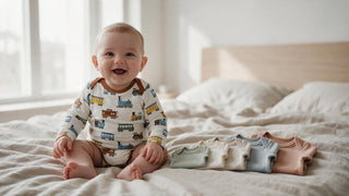 Baby in a soft long-sleeve bodysuit on a sunlit bed beside baby bodysuits folded in growing sizes