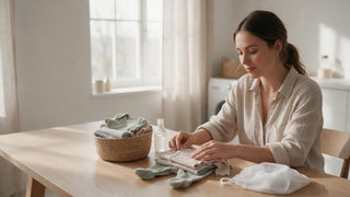 Mother folding soft pastel baby bodysuits and sleepers by a bright laundry room window