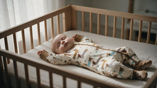 Baby sleeping calmly in smooth bamboo zip footed pajamas in a bare crib, chosen for sensitive skin