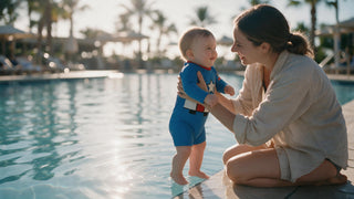 Mother holding her baby in a long-sleeve sun suit at the edge of an outdoor pool at sunset