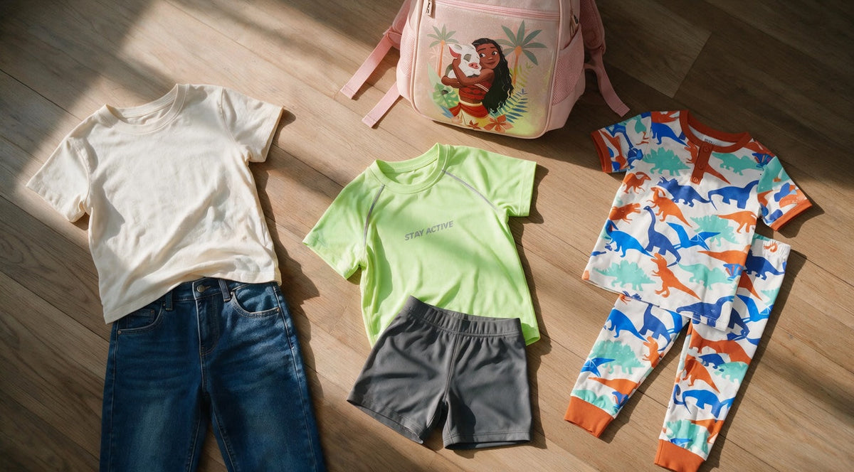 Back-to-school clothes checklist for kids laid out in three groups: classroom outfit, playground activewear, and school-night pajamas