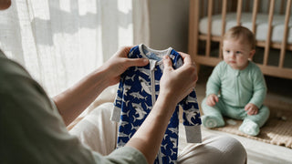 Parent reading the inner fabric label of a bamboo baby sleeper in a sunlit nursery