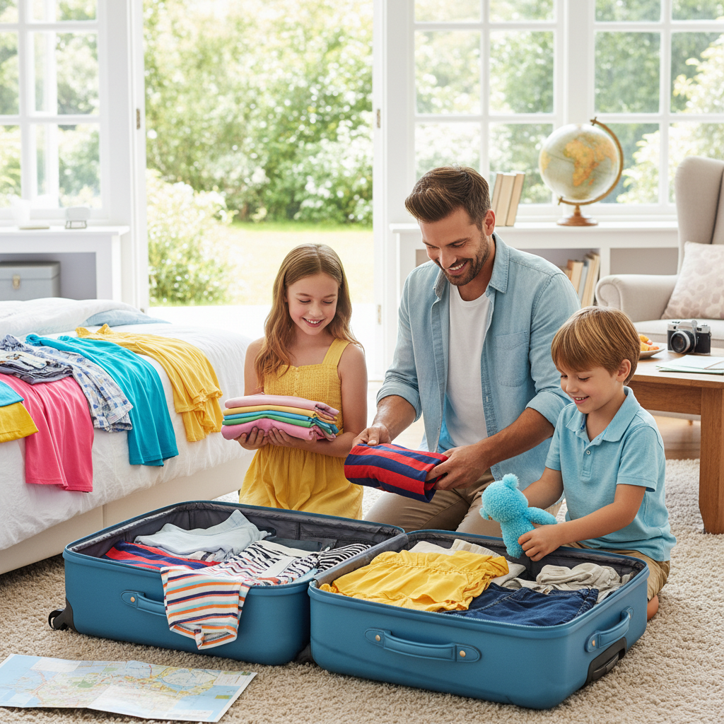 Family road trip packing list clothes guide with parents and children preparing travel outfits