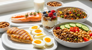 High-protein pregnancy foods spread including chicken, salmon, eggs, and yogurt for fetal growth