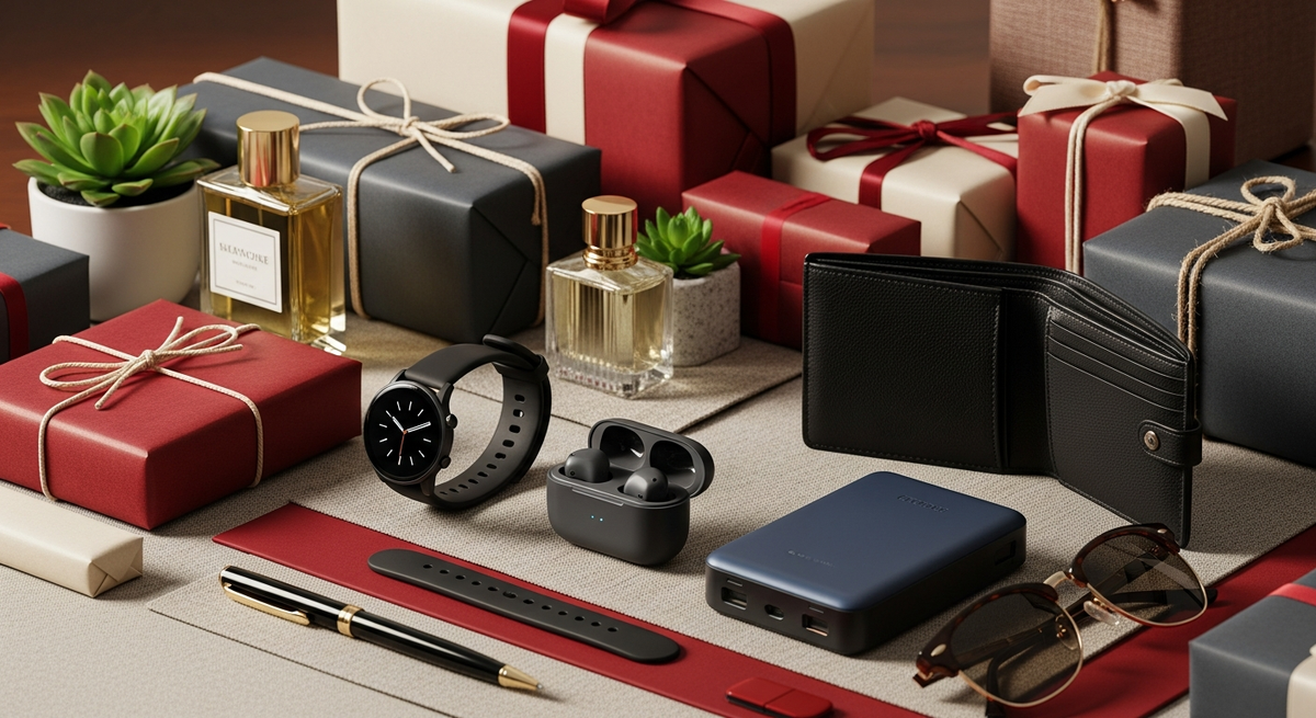Valentine's Day gift ideas for him featuring tech gadgets and leather accessories