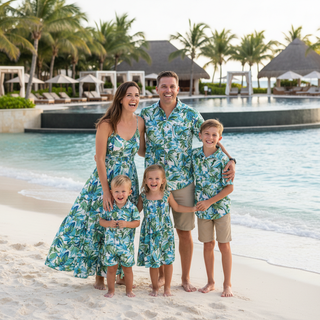 Family resort vacation outfits guide for all ages with coordinated tropical looks at beach resort