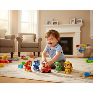 Paw Patrol parent guide showing toddler joyfully playing with cartoon puppy rescue team toys at home