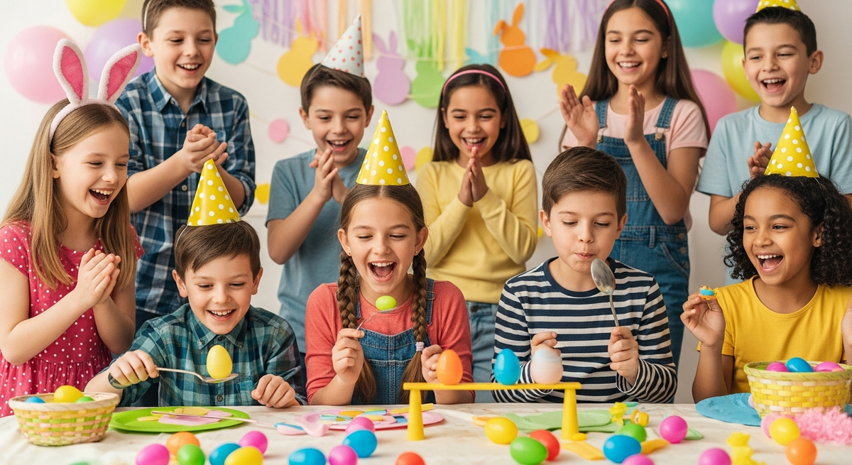 Minute to win it Easter games guide illustration showing kids playing party games