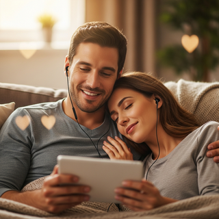 Couple enjoying Valentine's Day songs together with headphones