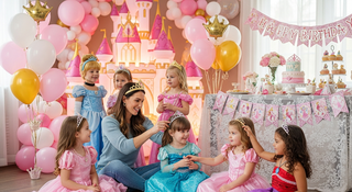 Disney princess party setup with diverse children in costumes and pink decorations