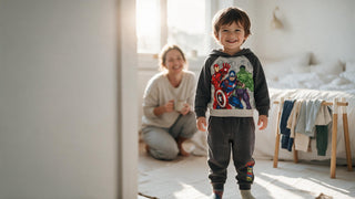 Happy preschooler proudly dressed in soft joggers and sweatshirt in a sunny bedroom, parent smiling in background