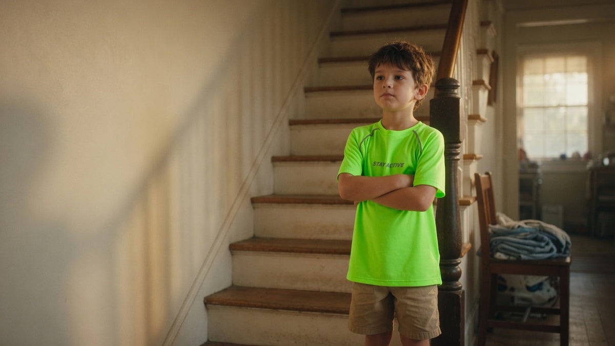 Young boy insisting on wearing his favourite worn green t-shirt again