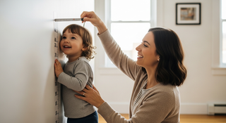 Child growth factors including genetics nutrition sleep and exercise illustrated with family measuring child height