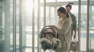 Mother carrying a newborn in a rear-facing infant car seat out of a hospital entrance on discharge day
