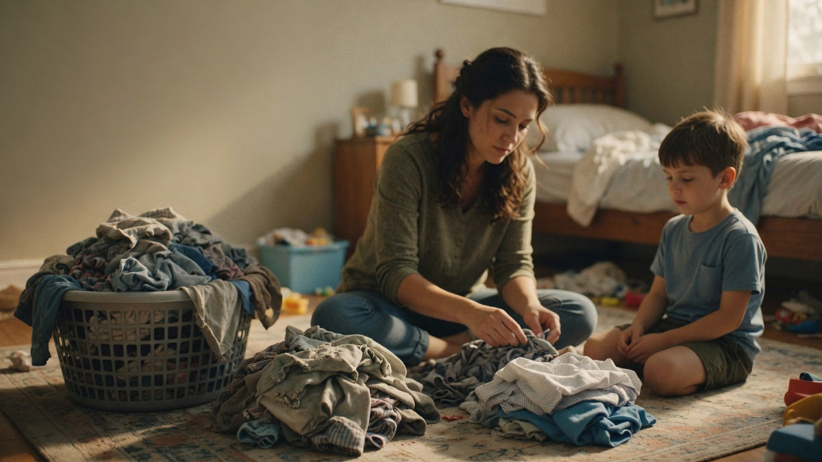 Parent sorting kids' clothes into worn-out and still-good piles while tracking cost-per-wear