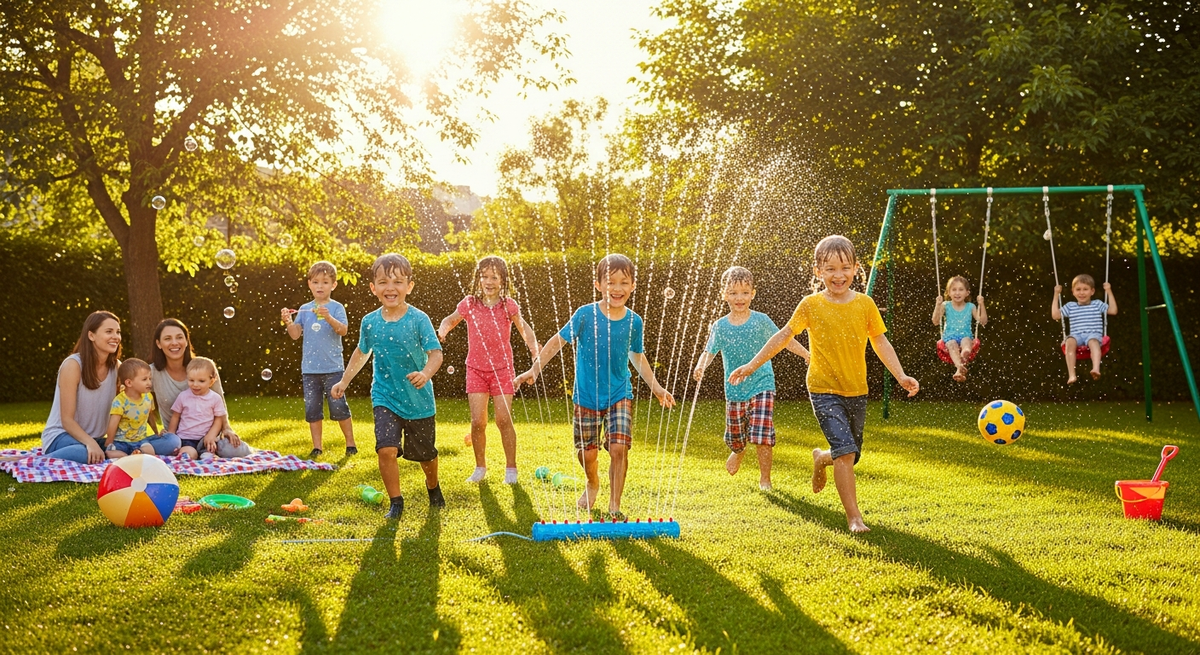 Free summer activities for kids at home guide illustration showing children playing outdoors