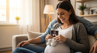 Pregnancy announcement ideas guide showing expecting mother with baby shoes and ultrasound, warm family atmosphere