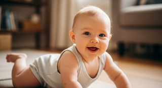 Baby romper sizing guide showing happy infant in comfortable well-fitted clothing