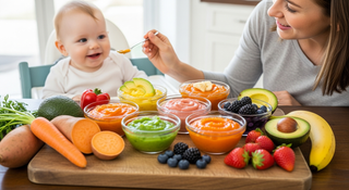 6 month baby food recipes with colorful purees and fresh ingredients