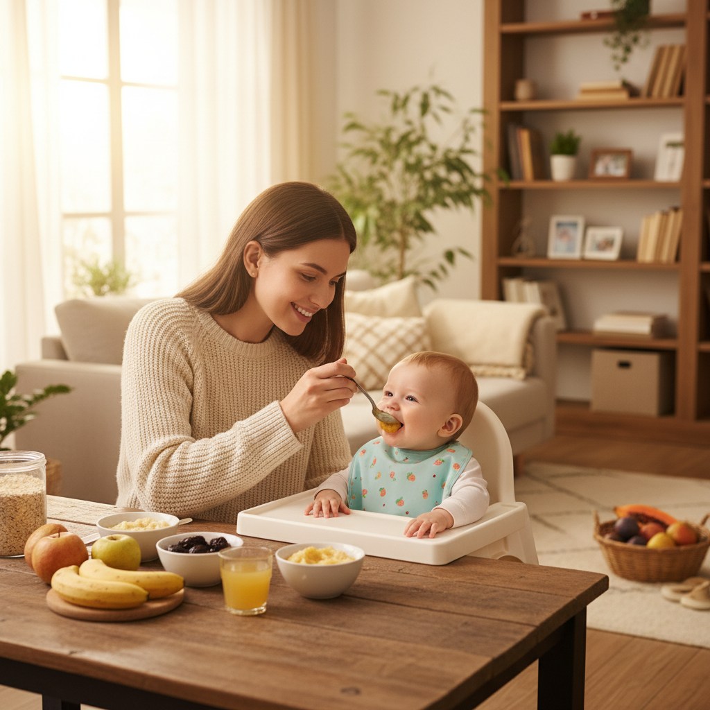 Baby food constipation relief guide illustration for new mothers feeding infant puree