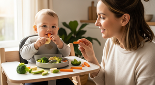 Baby-led weaning complete guide illustration showing mother with baby self-feeding soft finger foods in high chair