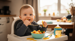 Baby pasta recipes guide showing infant at highchair exploring soft fusilli pasta for first foods
