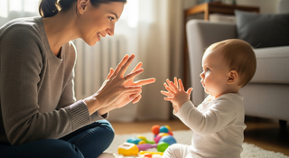 Baby sign language guide illustration for teaching infants communication skills