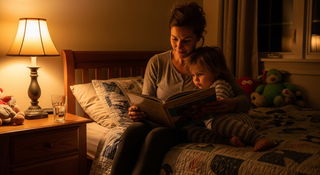 Bedtime routine for kids guide featuring mother reading to child