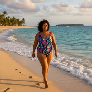 Best bathing suits for plus size women guide featuring confident woman enjoying summer beach day