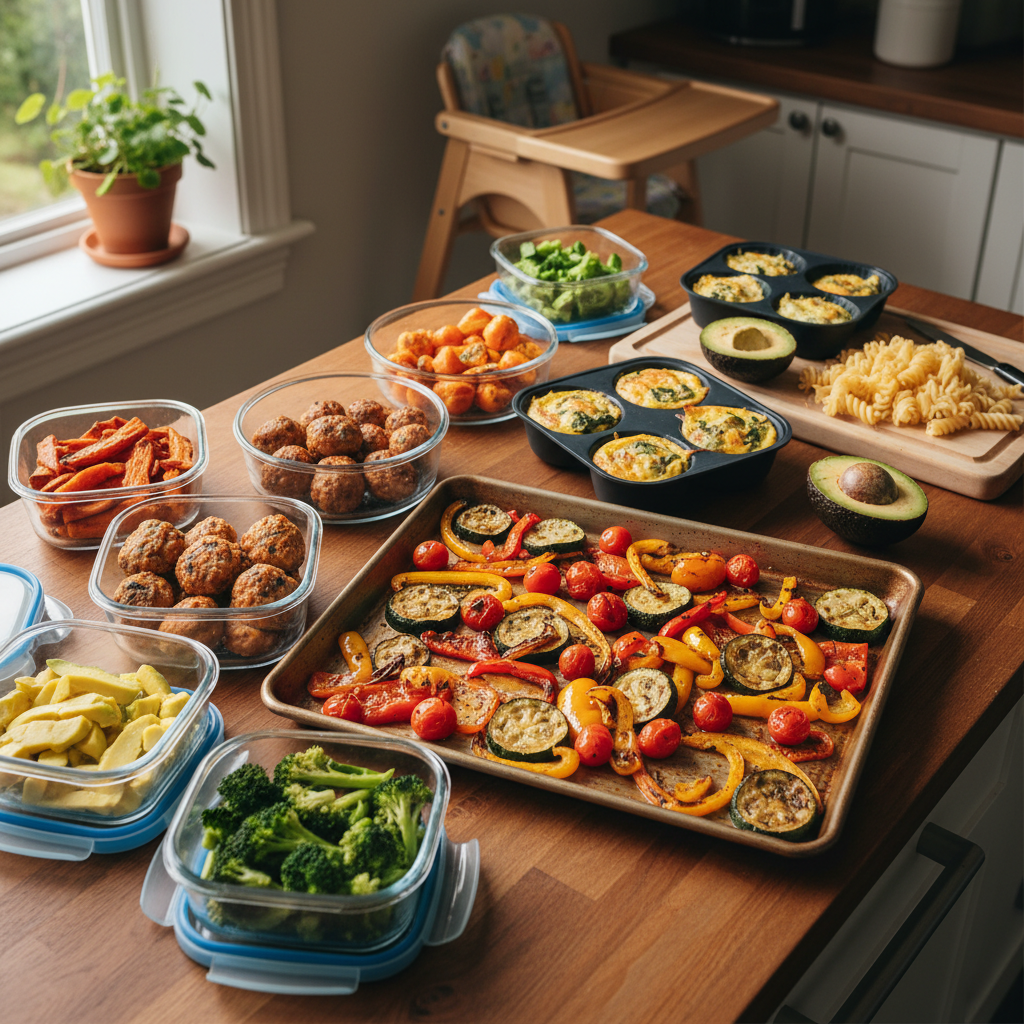 BLW meal prep spread with labeled containers, roasted vegetables, and a weekly baby led weaning meal plan template