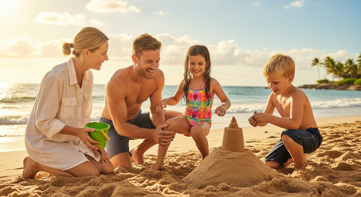 Budget family vacation guide illustration showing happy family enjoying affordable beach trip